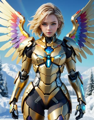 4K resalotion , (masterpiece),((   women wearing  mecha winter armour), ((winter background )),(a Mecha Angel ),full body,,viewed_from_front  ,  perfect face , ((vibrent rainbow coloured  mecha wings )),, beautiful vibrent wings,( light armour),sci-fi background ,short blonde hair  ,facing the viewer ,  (beautiful,   ), , heavy epic golden armour ,(perfect face)  ,full body ,,  wearing  ,  , mecha     armour   ,    ,vibrant colours  , realistic animi girl ,more detail XL  ,