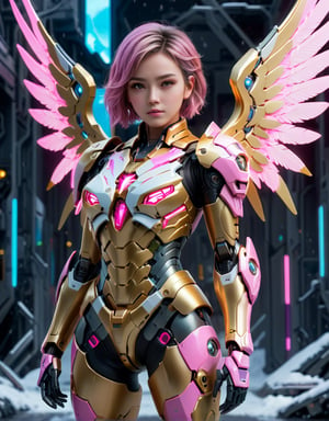 4K resalotion , (masterpiece),((   women wearing  mecha winter armour), ((sci-fi background )),(a Mecha Angel ),full body,,viewed_from_front  ,  perfect face , ((vibrent neon pink mecha wings )),, ((pink wings )),beautiful  neon wings,( light armour),sci-fi background ,short hair  ,facing the viewer ,  (beautiful,   ), , heavy epic golden armour ,(perfect face)  ,full body ,,  wearing  ,  , mecha     armour   ,    ,vibrant colours  , realistic animi girl ,more detail XL  ,
