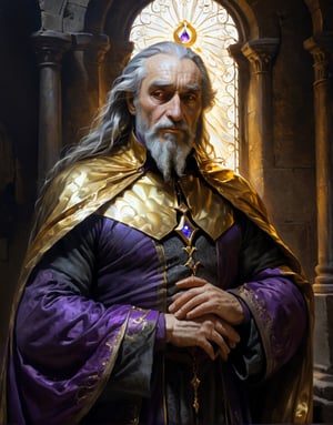 A close up painting of a   megestic   old wizard   wearing a beautiful golden   cape inside a   castle  ,vibrent, ((ethernel   )),musculer, biceps,((medivel  ))((in a highly detaild castle )),,   old, Beard, ,close-up potrait,  detaild background  ,    detaild  , (magical ), glowing purple eyes,, epic, ethernel,  whismical atmosphere,highly detaild,  intricate details, concept art,in the style of nicola samori,   epic sense, ((concept art )), only five fingers in each hand 