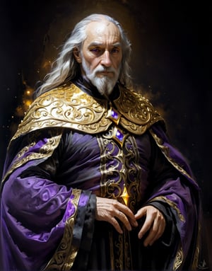 A close up painting of a   megestic   old wizard   wearing a beautiful golden and black cape   ,vibrent,  ((hands down)),((hands behind )),((ethernel   )),musculer,  ,((medivel  ))((medivel indoor background )),,   old, Beard, ,close-up potrait,  detaild background  ,    detaild  , (magical ), glowing purple eyes,, epic, ethernel,  whismical atmosphere,highly detaild,  intricate details, concept art,in the style of nicola samori,   epic sense, ((concept art )),