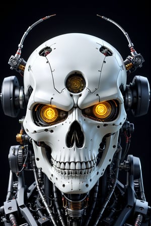 4K resalotion , (masterpiece), ,viewed_from_front  ,  perfect    ,mecha   robot head ,  1     robot ,scull,evil robot,biomichanical animal ,mechanical creature,sensors on face,, ,
 , highly detaild    ,(  detaild artificial face ), front view, dark colours  , Gothic , highly detaild , ,, facing the viewer ,   (led display ) ,close-up, detaild eyes , ,   simple background ,, realistic   ,more detail XL 