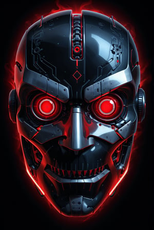 A detailed digital illustration of a robot head with a menacing mask. The mask is crafted from black, polished obsidian with glowing red runes etched across its surface. Two narrow red slits serve as eyes, hinting at the cold, calculating intelligence beneath