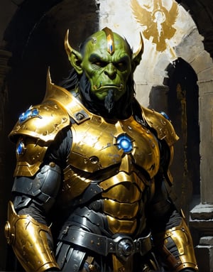 A close up painting of a   megestic   ork    wearing a golden mecha night's armour,vibrent, ((ethernel armour )),musculer, biceps,((medivel dwarf)),, wearing ethernel   armour,inside a castle  ,close up potrait,  detaild background  ,  heavy detaild armour , epic, ethernel,  whismical atmosphere,highly detaild,  intricate details, concept art,in the style of nicola samori,   epic sense, ((concept art ))