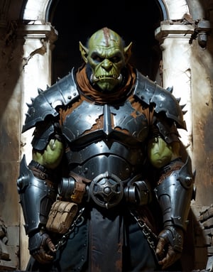 A close up painting of a   creepy   ork    wearing a mecha night's armour,musculer, biceps,((medivel dwarf)),, wearing rusty broken   armour,inside a abandoned church,  e  ,close up potrait,  detaild background ,  , ,  heavy detaild armour ,ruined church,   detaild background,,  Gothic atmosphere,highly detaild,  intricate details, concept art,in the style of nicola samori,   epic sense, ((concept art ))