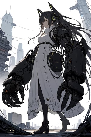 gigantic mechanical arms, 1girl, cyberpunk, science fiction, city, masterpiece, best quality, aesthetic, mechanical arms