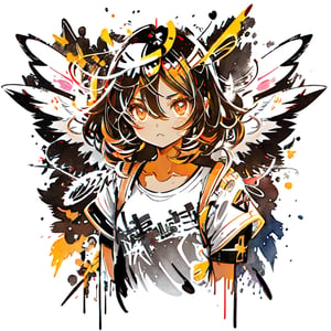 Angel falls, cute anime girl , Black haired girl, brown eyes, light skin, upper body, posing, wearing a black oversized shirt, skater vibes, graffiti, wings on background, sing, symbols, cross, split, dynamic, halo, minimalistic, Illustration, Watercolor, Ink, thematic background, ambient enviroment, epic, candystyle, vector art, t-shirt design, flat colour, face symmetry, very high details of eyes.