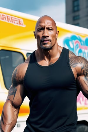 Ice Cream Truck, Dwayne Johnson as a Ice Cream Truck Driver,tattoos, overly detailed, enlightened, muscular body, angry, full body, zoomed out, Elegant, mysterious, spy, Alluring, Ornate, Godlike, Looks at lens, Battle ready, Vibrant, Portrait, 16mm, high Contrast, Clean, High resolution, 4K, 3d Octane render, cinematic lighting, Dynamic, hyper realistic, by makoto shinkai, stanley artgerm lau, wlop, rossdraws, concept art, digital painting, looking into camera
