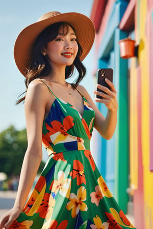 A woman dressed in a vibrant, summer dress with a flowing skirt is seen from the side. She is wearing a wide-brimmed, floppy hat that casts a shadow over her face. Her one arm is extended, holding a smartphone as she takes a selfie, and she has a small, crossbody bag slung over her shoulder. 12K 3D HD realistic, photo, portrait photography,MagMix Girl