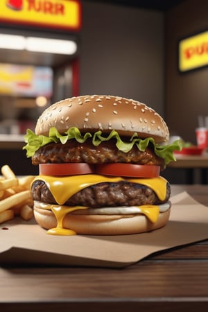 Photorealistic, a burger with no meat, a turd is in the burger, on a table in a fast food chain,realistic 