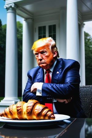 donald trump eats a croissant and sit infront white house, ultra hd, realistic, vivid colors, highly detailed, UHD drawing, pen and ink, perfect composition, beautiful detailed intricate insanely detailed octane render trending on artstation, 8k artistic photography, photorealistic concept art, soft natural volumetric cinematic perfect light, perfect eyes, detailed eyes,photorealistic