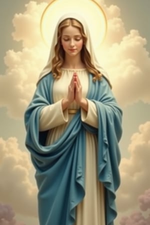 
"A beautifully serene depiction of the Virgin Mary standing in a peaceful and radiant setting. She is dressed in a flowing blue and white robe, symbolizing purity and grace. Her hands are gently clasped in prayer, with a soft halo glowing above her head. The background shows a soft golden light, suggesting divinity, with subtle clouds and a soft, ethereal glow surrounding her. Her expression is one of deep compassion and peace, as she looks down with love and kindness. The scene is calm, reverent, and filled with spiritual warmth.



















She rests her hand on her forehead, her expression soft and reflective, with her hair flowing down with innocent smile seen on her face.

