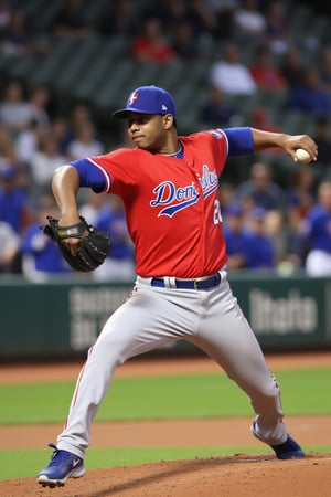 A baseball player in a pitching motion, wearing a Republica Dominicana uniform on a baseball field, dynamic motion blur, detailed textures, sharp focus, dramatic lighting