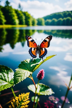 Colorful butterfly on the side of a lake, macro photography shallow depth of field dslr vivid Muted misty