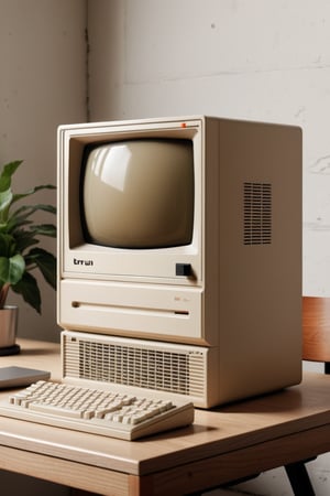 A stunning, sleek beige vintage apple ii pc case designed by dieter rams, braun. product ad retro. industrial design inspiration. unreal engine render, natural lighting, on desk
