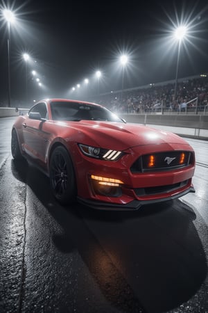 red supercar, ford mustang, raytracing, HDR reflective metal, smoke tires, cinematic lighting AND (race track:1.2