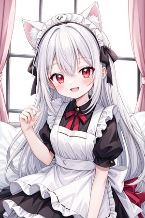 Best quality, 1girl (little girl) cute girl with Long hair white hair red eyes white cat ears, Smiling brightly,Maid outfit