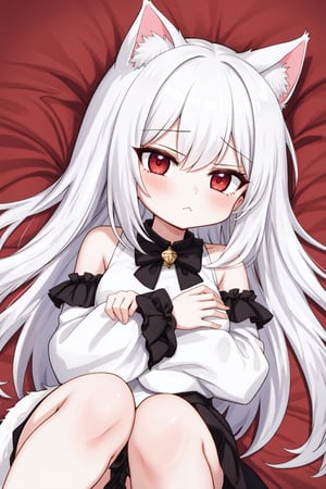 Best quality, 1girl little girl cute girl with Long hair white hair red eyes white cat ears,rolling eyes, lying on the bed