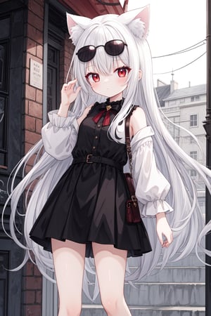 Best quality, 1girl (little girl) cute girl with Long hair white hair red eyes white cat ears, Wear sunglasses