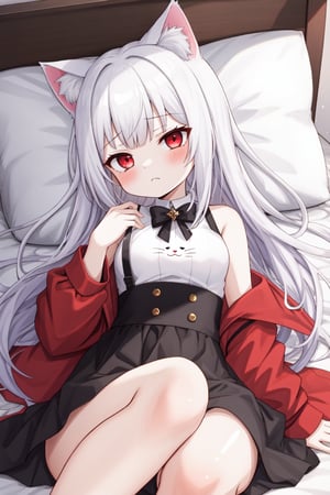 Best quality, 1girl little girl cute girl with Long hair white hair red eyes white cat ears,rolling eyes, lying on the bed