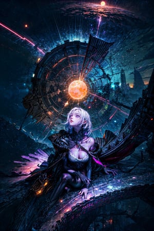 Landscape Photography（Image seen from the top of the building、Sky above）、（World of Cyberpunk：1.3）　、　(Girl sitting in a skyscraper looks up: 1.4)（fullmoon：1.2）、（meteors：0.9）、（nebulas：1.3） )、city in the distance、Night View Breakcraft Art、(Warm light: 1.2)、(neons: 1.2)、A light、Lots of Purples and Oranges、intricate detailes、Volume Lighting BREAK (​masterpiece: 1.2)、(top-quality)、4K、ultra-detailliert、(The composition of the movement: 1.4)、Rich in details and colors、(Irridescent color: 1.2)、(Glow、Atmospheric lighting)、Dreamy、Magical、(独奏: 1.2)