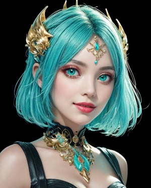 1girl, (masterpiece, best quality, ultra-detailed, 8K), ((black background)), vibrant colors, (,short_hair, aqua_hair, bangs,) (, green_eyes, makeup, grunge makeup,) big breasts, ((abstract background)) , happy_face, smile, jewels, ((half_body_portrait, head and stomach portrait, face_forward,)), hair_ornament, jewelry, looking_at_viewer,High detailed, navel, mini skirt, ,sangonomiya kokomi (sparkling coralbone),Vexana