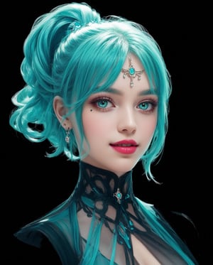 1girl, (masterpiece, best quality, ultra-detailed, 8K), ((black background)), vibrant colors, (,short_hair, aqua_hair, ponytail, bangs,) (, green_eyes, makeup, grunge makeup,) big breasts, ((abstract background)) , happy_face, smile, jewels, ((full body portrait, head and stomach portrait, face_forward,)), hair_ornament, jewelry, looking_at_viewer,High detailed, navel, mini skirt,Vexana,Dress, forehead_gem, 