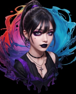 1girl, (masterpiece, best quality, ultra-detailed, 8K), ((black background)), vibrant colors, (,short_hair, black_hair, dark_purple_hair, ponytail, bangs,) (, red_eyes, makeup, goth makeup,) big breasts, ((abstract background)) , happy_face, smile, jewels, ((full body portrait, portrait, face_forward,)), horns, jewelry, looking_at_viewer,High detailed, GothicCurse