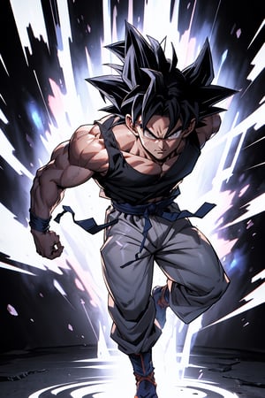 highly detailed, masterpiece, high quality, beautiful, full-body shot, son goku, son goku standing, ultra instinct, aura power, black sleeveless t-shirt, white pants, Insane detail in face, serious expression, closed mouth, slim, arms down, charging power, random background, grey eyes, 