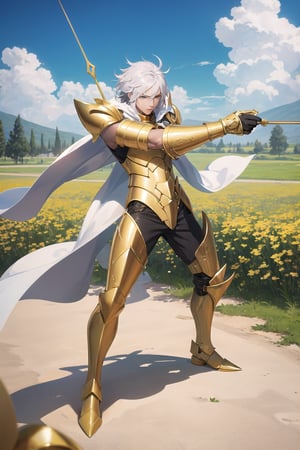 absurdres, highres, ultra detailed,Insane detail in face, (boy:1.3), Gold Saint, Saint Seiya Style, Gold Armor, Full body armor, no helmet, Zodiac Knights, white hair, fighting pose,Pokemon Gotcha Style, gold gloves, long hair, white cape, messy_hair, Gold eyes, black pants under armor, full body armor, beautiful old greek temple in the background, beautiful fields, insane detail full leg armor, god aura, sagittarius armor, Elysium fields, ready for battle