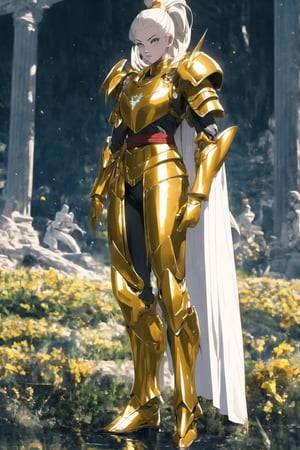 absurdres, highres, ultra detailed,Insane detail in face, ((girl:1.3)), Gold Saint, Saint Seiya Style, Gold Armor, Full body armor, no helmet, Zodiac Knights, Grey hair, fighting pose,Pokemon Gotcha Style, gold gloves, long hair, white long cape, messy_hair, Gold eyes, black pants under armor, full body armor, beautiful old greek temple in the background, beautiful fields, insane detail full leg armor, god aura, sagittarius armor, Elysium fields, ready for battle,FUJI,midjourney, insane detail in armor, ,Film(/FUJI/),Vados_DB