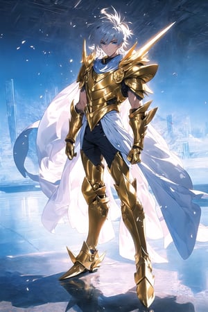 absurdres, highres, ultra detailed,Insane detail in face,  (boy:1.3), Gold Saint, Saint Seiya Style, Gold Armor, Full body armor, no helmet, Zodiac Knights, White long cape, grey hair,  standing still,Pokemon Gotcha Style, gold gloves, long hair, white cape, messy_hair,   light_blue_eyes, blue pants under armor, full body armor, beautiful old greek temple in the background, beautiful fields, insane detail full leg armor, god aura, sagittarius armor, Elysium fields
,FUJI,midjourney