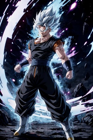 highly detailed, masterpiece, high quality, beautiful, full-body shot,, standing, ultra instinct, aura power, black t-shirt, ((demin pants)), Insane detail in face, serious expression, closed mouth, slim, arms down, charging power, grey eyes, white hair, black boots, ,Bsform,super Saiyan