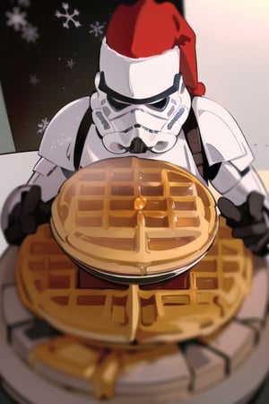 insane detail, masterpiece, clone trooper, making waffles,((with an x-mas hat)) ,EpicLogo, big waffles, delicious maple syrup ,star wars