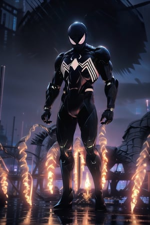 Create a super real photo of cyber punk style cybernetic robotic Hi-Tech Spider-Man with black biometrical glowing Armor, Hi-Tech glowing armour, perfect Hi-Tech superhero look, less with High tech tools, perfect hi-tech city background,  ((full body Hi-Tech glowing armour)),BlackSM,midjourney