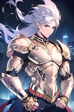 masterpiece, best quality, photorealistic, raw photo, (1boy, looking at viewer), ((extreme long hair)), mechanical gold armor, intricate armor, delicate gold filigree, intricate filigree, gold metalic parts, detailed part, dynamic pose, detailed background, dynamic lighting, Grey Hair, Grey eyes, beutiful city in the background, night time,fantasy00d, battle_stance