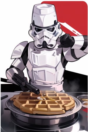 insane detail, masterpiece, clone trooper, making waffles,((with a chef hat)) ,EpicLogo, big waffles, delicious maple syrup ,star wars