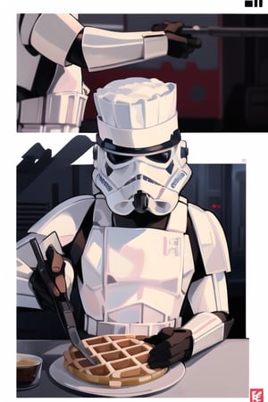 insane detail, masterpiece, clone trooper, making waffles,((with a chef hat)) ,EpicLogo, big waffles, delicious maple syrup ,star wars