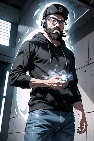 dbsuper style,extreme detail, cinematic light, beautiful image,  black shirt, snikers, 1boy, ((complete beard)), glasses, tall, jeans, dark grey hair, big headphones, military green long sleeve hoodie, slighty_chubby
,ultrainstinct, black hat