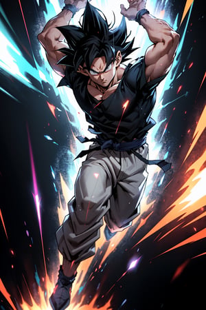 highly detailed, masterpiece, high quality, beautiful, full-body shot, son goku, son goku standing, ultra instinct, aura power, black t-shirt, white pants, Insane detail in face, serious expression, closed mouth, slim, arms down, charging power, random background, grey eyes, 