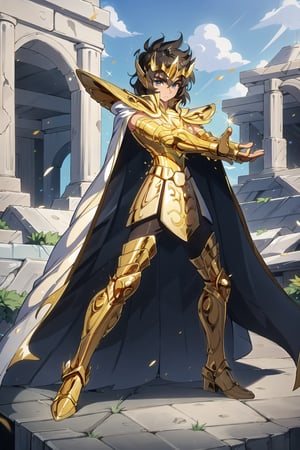 absurdres, highres, ultra detailed,Insane detail in face,  (boy:1.3), Gold Saint, Saint Seiya Style, (((Gold Armor))), Full body armor, no helmet, Zodiac Knights, (((white long cape))), black hair, Asian Fighting style pose,Pokemon Gotcha Style, gold gloves, long hair, long white cape, messy_hair, black eyes, black pants under armor, full body armor, beautiful old greek temple in the background, beautiful fields, full leg armor,FUJI,midjourney, battle_stance,4rmorbre4k