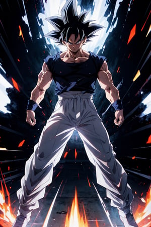highly detailed, masterpiece, high quality, beautiful, full-body shot, son goku, son goku standing, ultra instinct, aura power, black t-shirt, ((white pants)), Insane detail in face, serious expression, closed mouth, slim, arms down, charging power, grey eyes, 