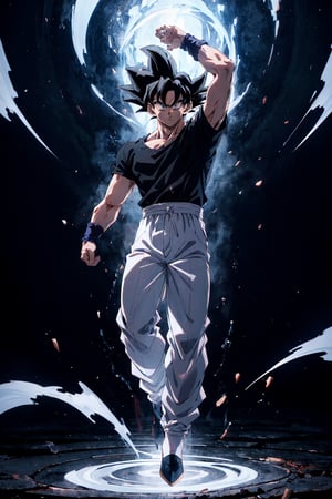 highly detailed, masterpiece, high quality, beautiful, full-body shot, son goku, son goku standing, ultra instinct, aura power, black t-shirt, ((white pants)), Insane detail in face, serious expression, closed mouth, slim, arms down, charging power, grey eyes, 