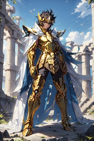 absurdres, highres, ultra detailed,Insane detail in face,  (boy:1.3), Gold Saint, Saint Seiya Style, (((Gold Armor))), Full body armor, no helmet, Zodiac Knights, (((white long cape))), black hair, Asian Fighting style pose,Pokemon Gotcha Style, gold gloves, long hair, long white cape, messy_hair, black eyes, black pants under armor, full body armor, beautiful old greek temple in the background, beautiful fields, full leg armor,FUJI,midjourney, battle_stance,