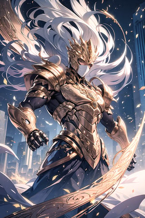 masterpiece, best quality, photorealistic, raw photo, (1boy, looking at viewer), ((extreme long hair)), mechanical gold armor, intricate armor, delicate gold filigree, intricate filigree, gold metalic parts, detailed part, dynamic pose, detailed background, dynamic lighting, Grey Hair, Grey eyes, black metalic facemask, beutiful city in the background, night time,fantasy00d, battle_stance