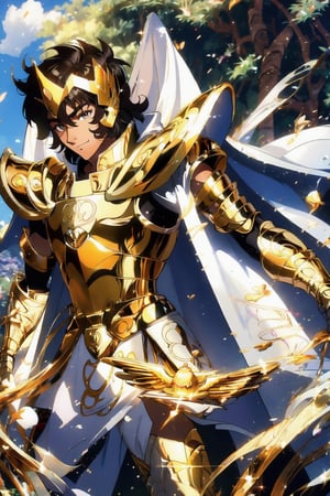 absurdres, highres, ultra detailed,Insane detail in face,  (boy:1.3), Gold Saint, Saint Seiya Style, (((Gold Armor))), Full body armor, no helmet, Zodiac Knights, (((white long cape))), black hair, Asian Fighting style pose,Pokemon Gotcha Style, gold gloves, long hair, long white cape, messy_hair, black eyes, black pants under armor, full body armor, beautiful old greek temple in the background, beautiful fields, full leg armor,FUJI,midjourney, battle_stance,More Detail, dinner table, thanksgiving dinner, ,Thanksgiving turkey,monochrome