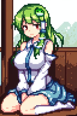 the anime girl, Touhou Sanae Kochiya, with large breasts, a seiza-style sitting posture, with 2 arms, 2 legs