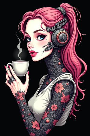 Futuristic Mechanical Elegance T-shirt design cyberpunk art, cute girl beautiful LADY, WHITE face, half body ILLUSTRATION with robotic steampunk design for old-school style tattoos, PINK HAIR, black BACKROUND, logo type , centered isometric, having a cup of tea.
