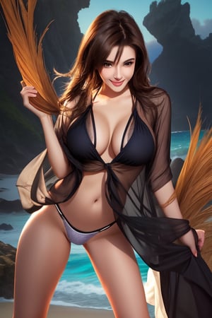 Full body portrait of risky 
 Stunning Brunette beauty with  44 DD large breast in skimpy see through 
 bikini, standing on beach looking at waves ,revealing_clothes, soft skin, medium mid section, perfect feet,
perfect body, perfect breast, perfect legs, perfect hands, pefect smile