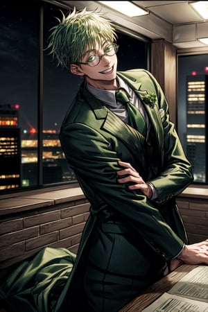 Best Quality, boy with back hair, light and glowing green eyes, , 20 year old, smiling, with glasses, with green formal suit  heart inside eyes, night time, starry_night, office suit, medium breasts, sitting_on table, ((office in background)), , 2K Quality
