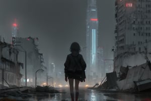 a cyberpunk girl alone in a destroyed city with a melancholic atmosphere produced by the rain that wets the city looking towards the camera